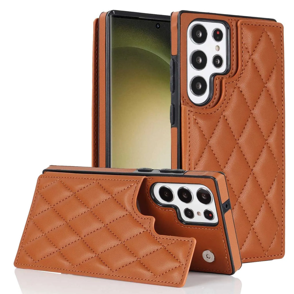 Samsung plaid double buckle phone case with card slot and kickstand in black, showing manual stitching veneer