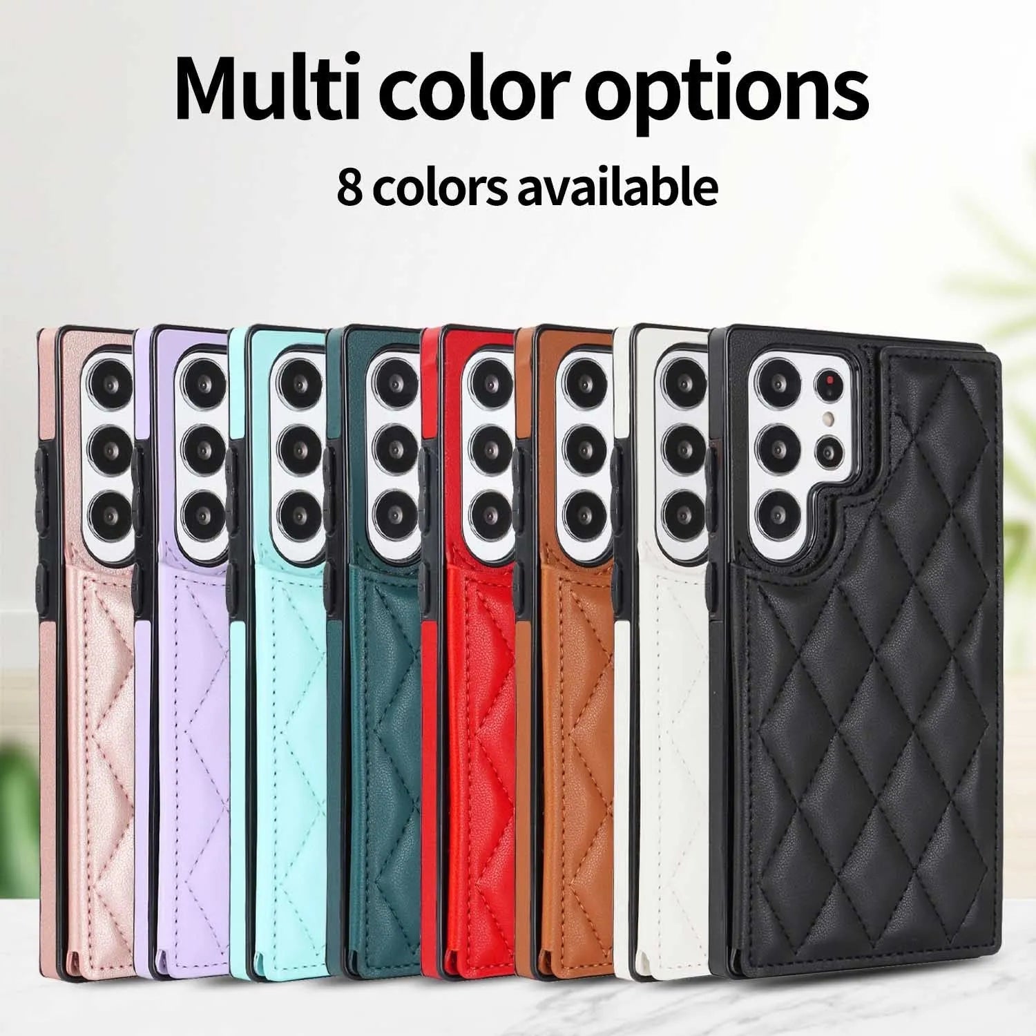 Samsung plaid double buckle phone case with card slot and kickstand in black, showing manual stitching veneer