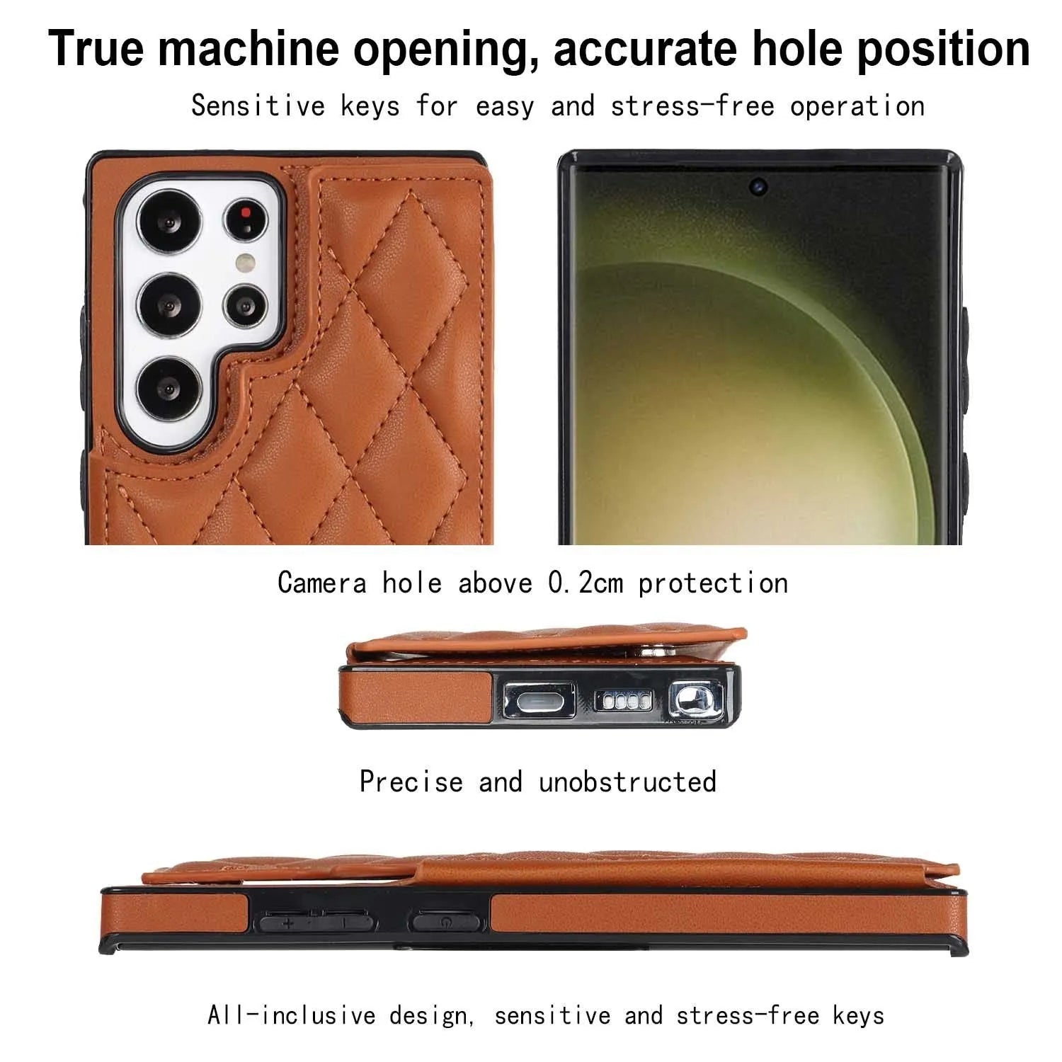 Samsung plaid double buckle phone case with card slot and kickstand in black, showing manual stitching veneer