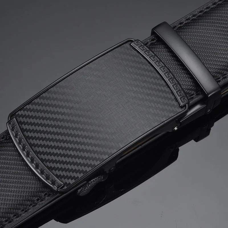 Men's black two-layer cowhide click belt with embossed striped pattern and rectangular glossy alloy buckle
