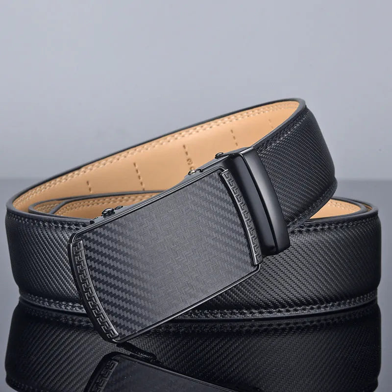Men's black two-layer cowhide click belt with embossed striped pattern and rectangular glossy alloy buckle