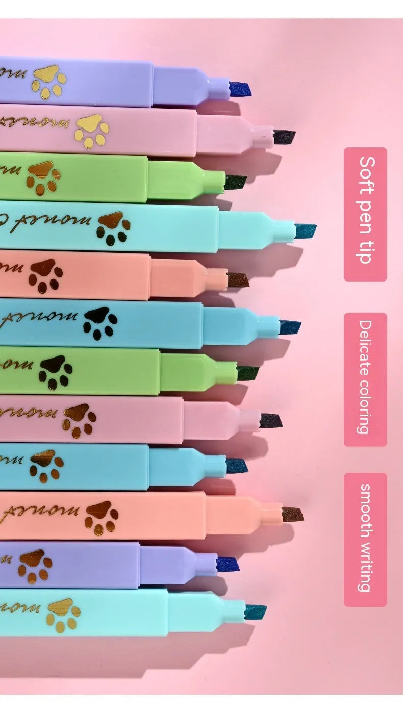 Cat's Paw fluorescent marking pen set showing six coloured pens with oblique heads in a box.