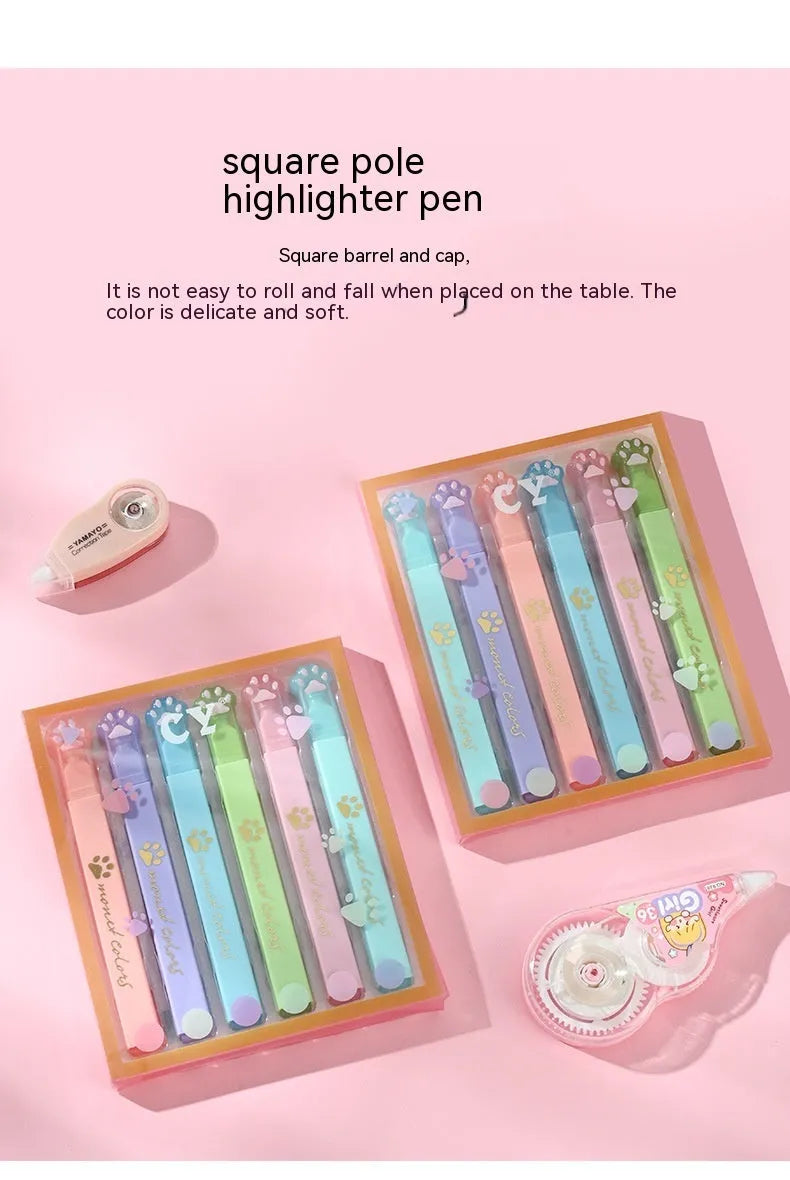 Cat's Paw fluorescent marking pen set showing six coloured pens with oblique heads in a box.
