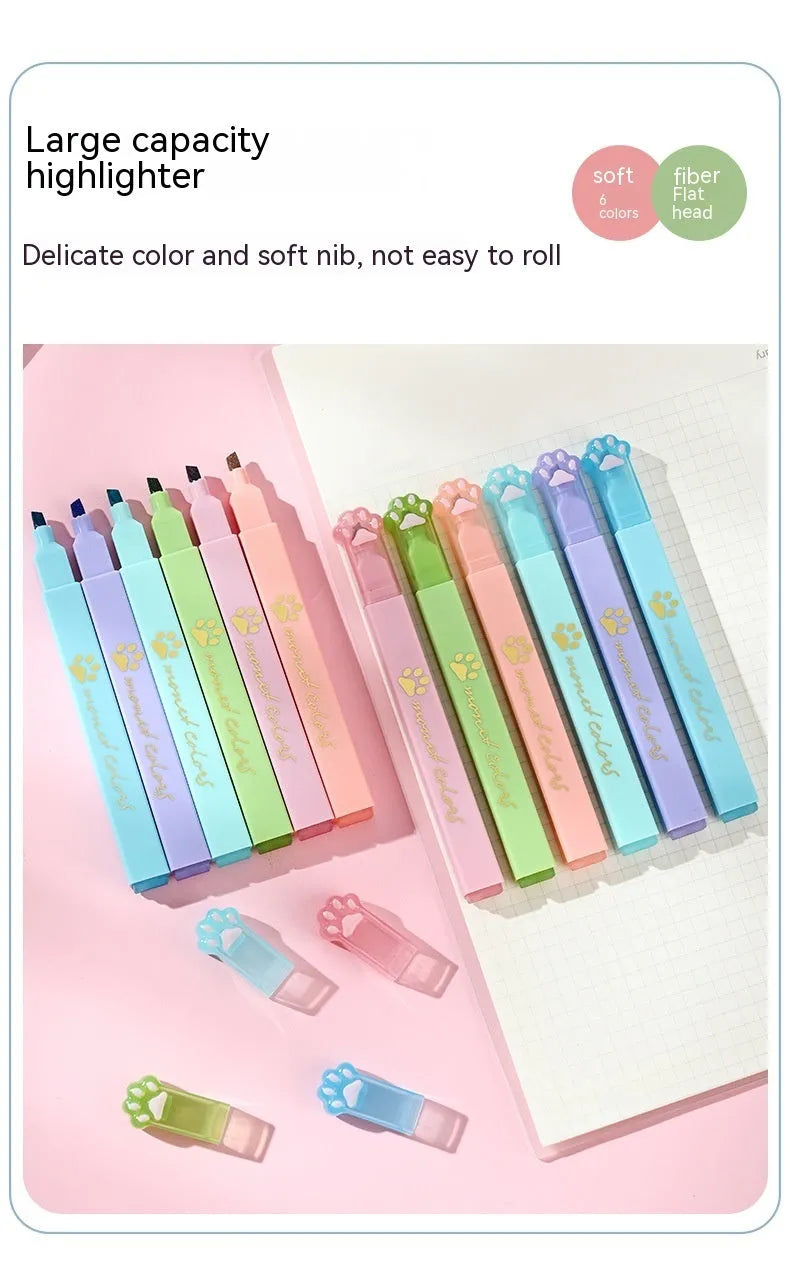 Cat's Paw fluorescent marking pen set showing six coloured pens with oblique heads in a box.