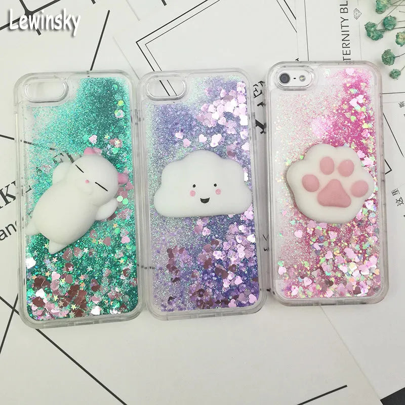 Pink liquid quicksand TPU phone case for Apple iPhone with cartoon animal pattern