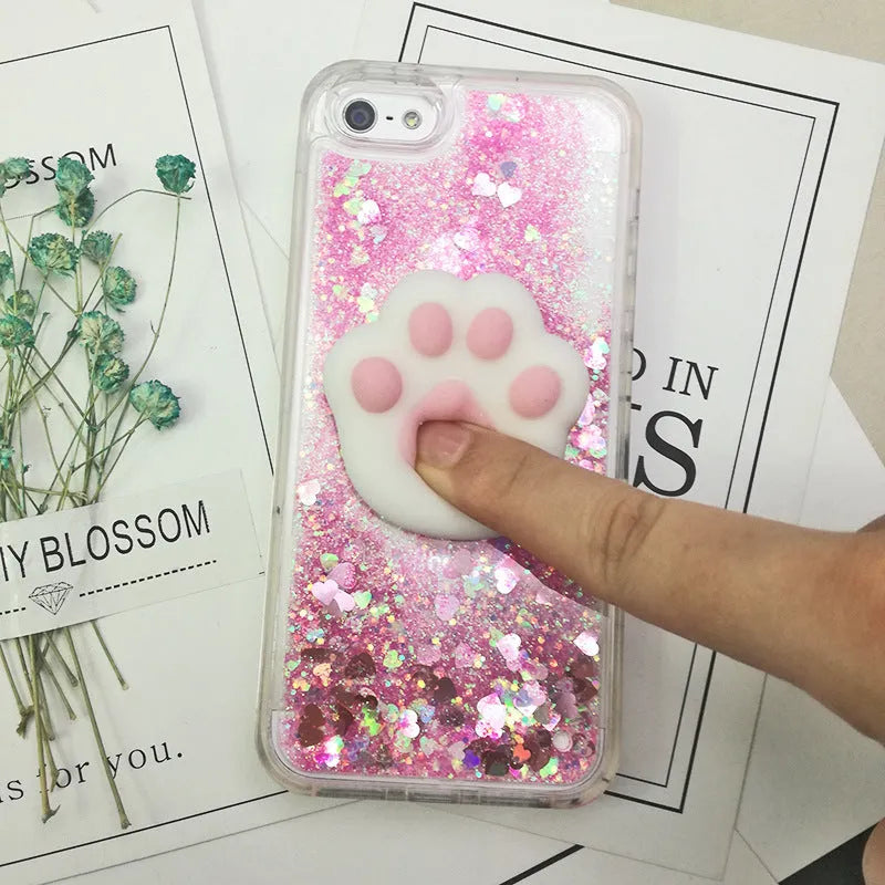 Pink liquid quicksand TPU phone case for Apple iPhone with cartoon animal pattern