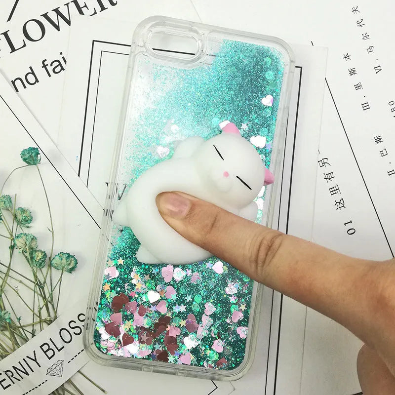 Pink liquid quicksand TPU phone case for Apple iPhone with cartoon animal pattern