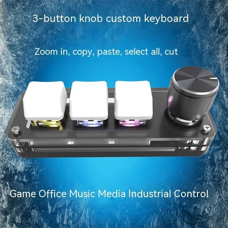 Black and white custom USB macro keyboard with RGB backlighting on a desk