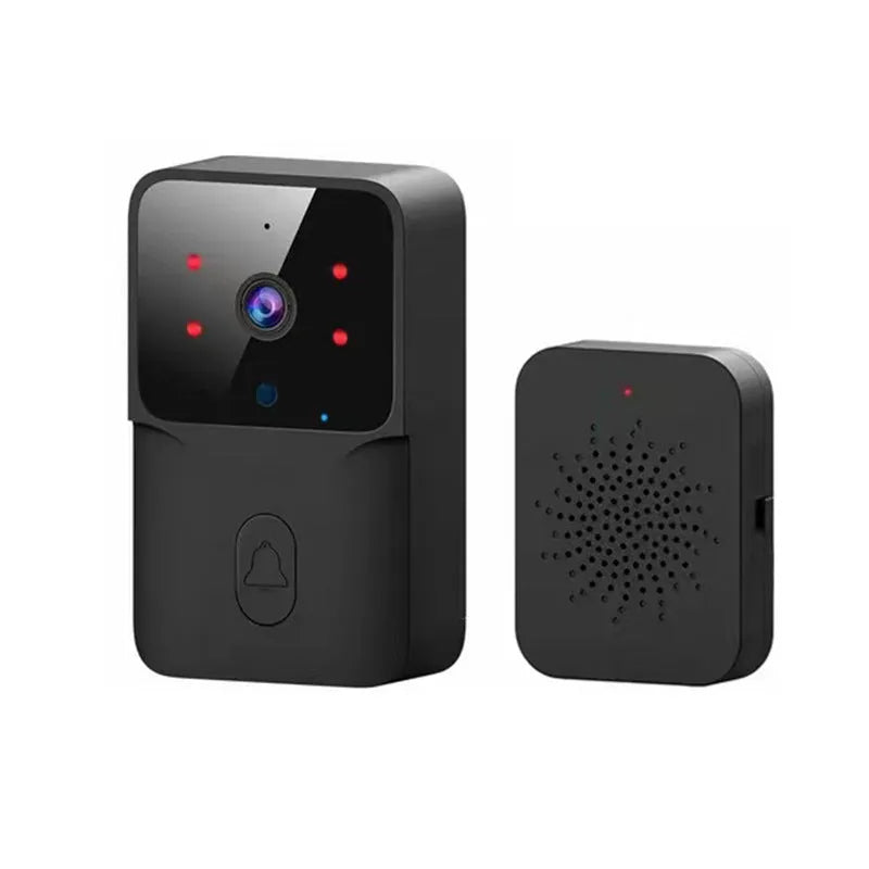 Wireless video doorbell with 60-degree night vision and cloud storage in black finish on a wooden door frame