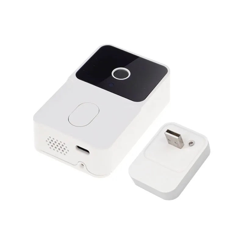Wireless video doorbell with 60-degree night vision and cloud storage in black finish on a wooden door frame