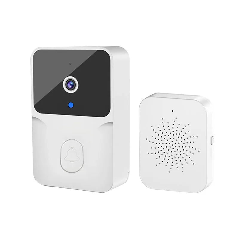 Wireless video doorbell with 60-degree night vision and cloud storage in black finish on a wooden door frame