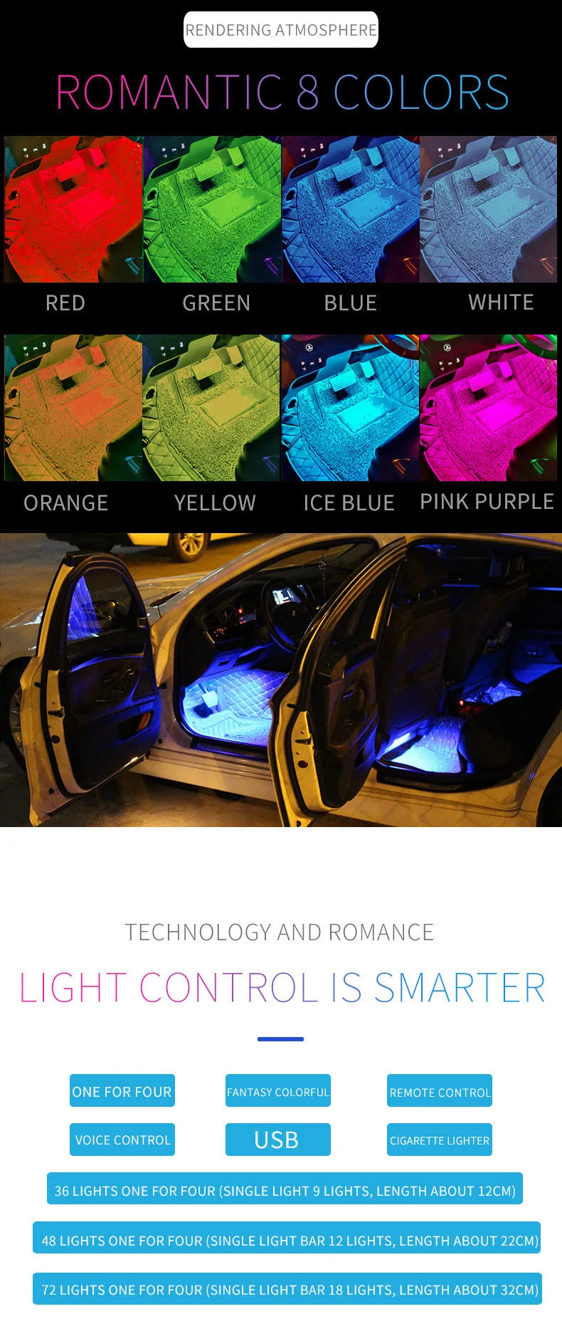 Car interior LED footwell atmosphere lighting kit with voice control and music rhythm mode