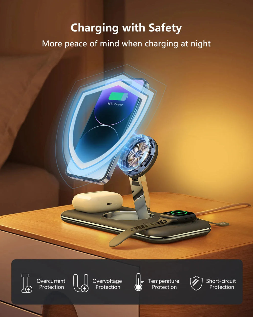 Folding magnetic wireless charger desktop bracket in white with Type-C cable for phone, headphones, and watch