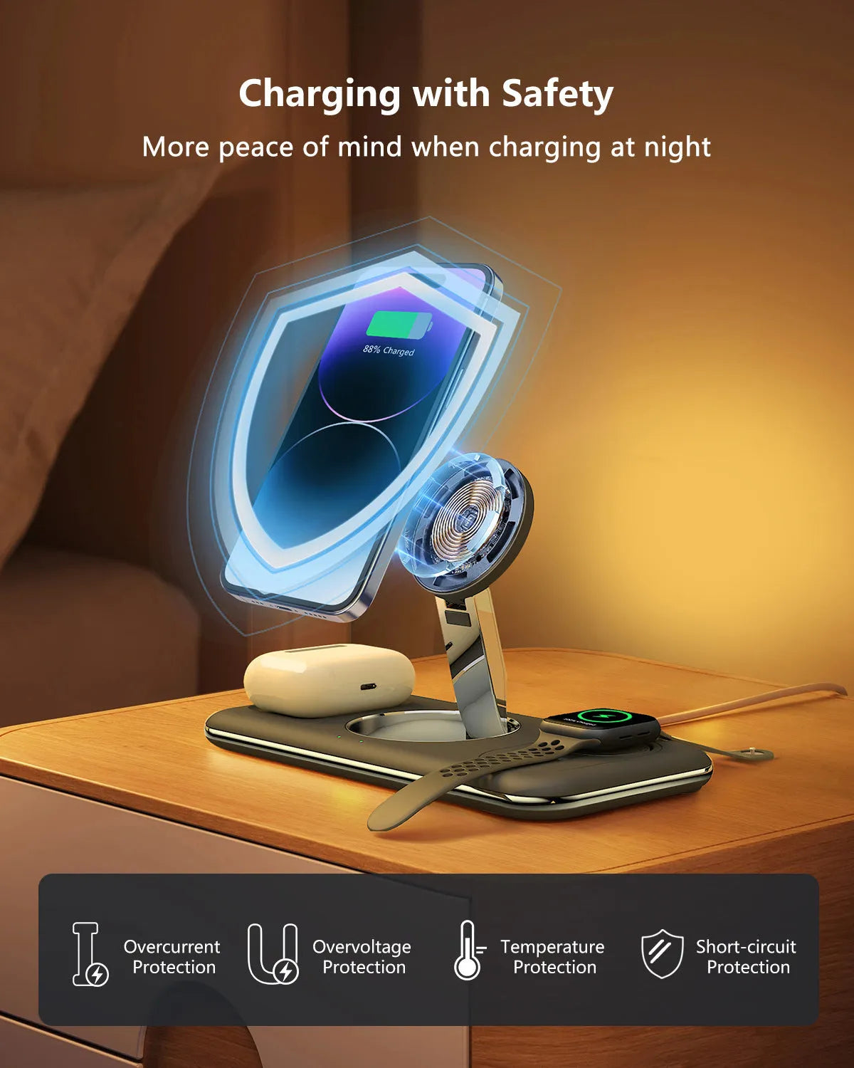 Folding magnetic wireless charger desktop bracket in white with Type-C cable for phone, headphones, and watch