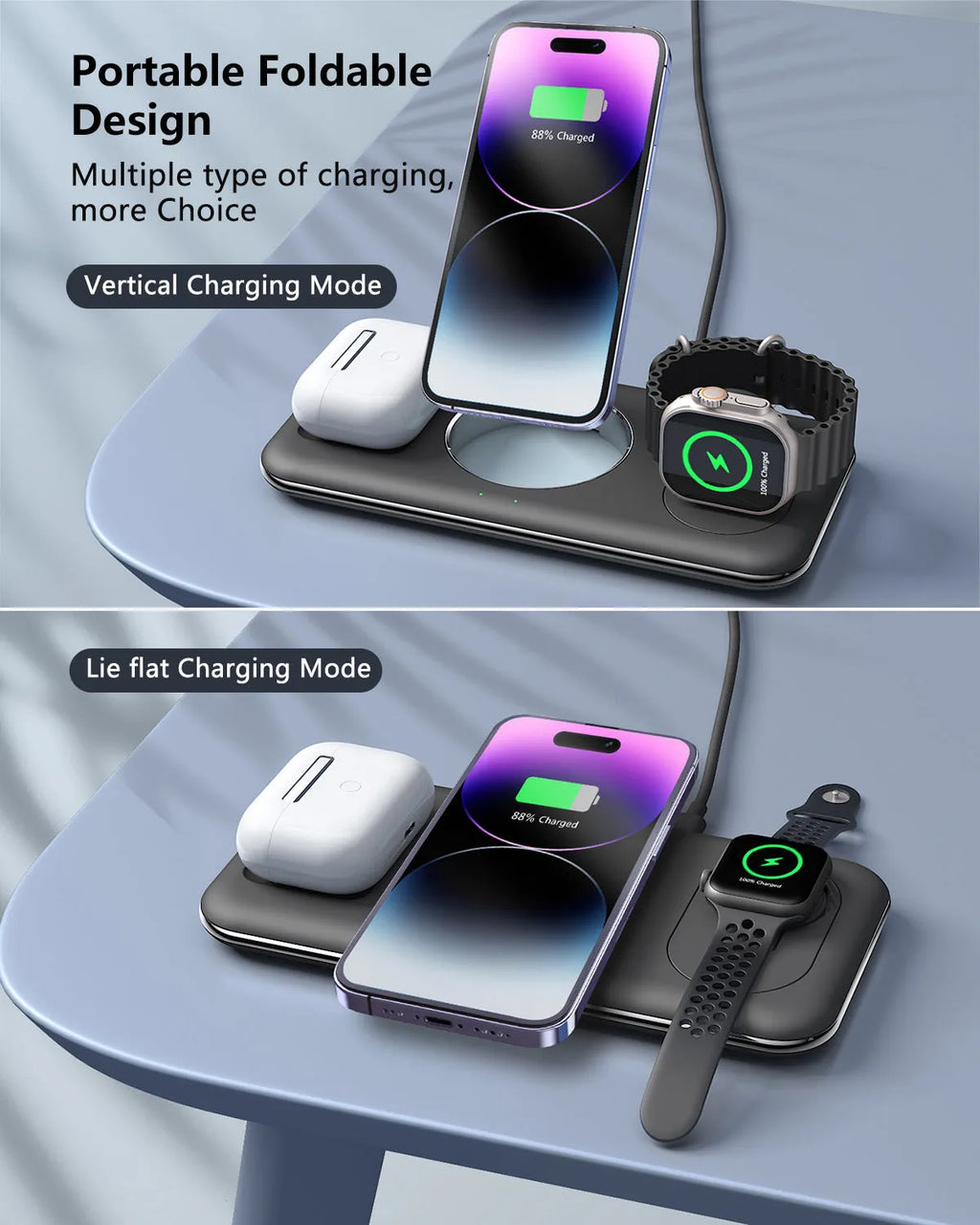 Folding magnetic wireless charger desktop bracket in white with Type-C cable for phone, headphones, and watch