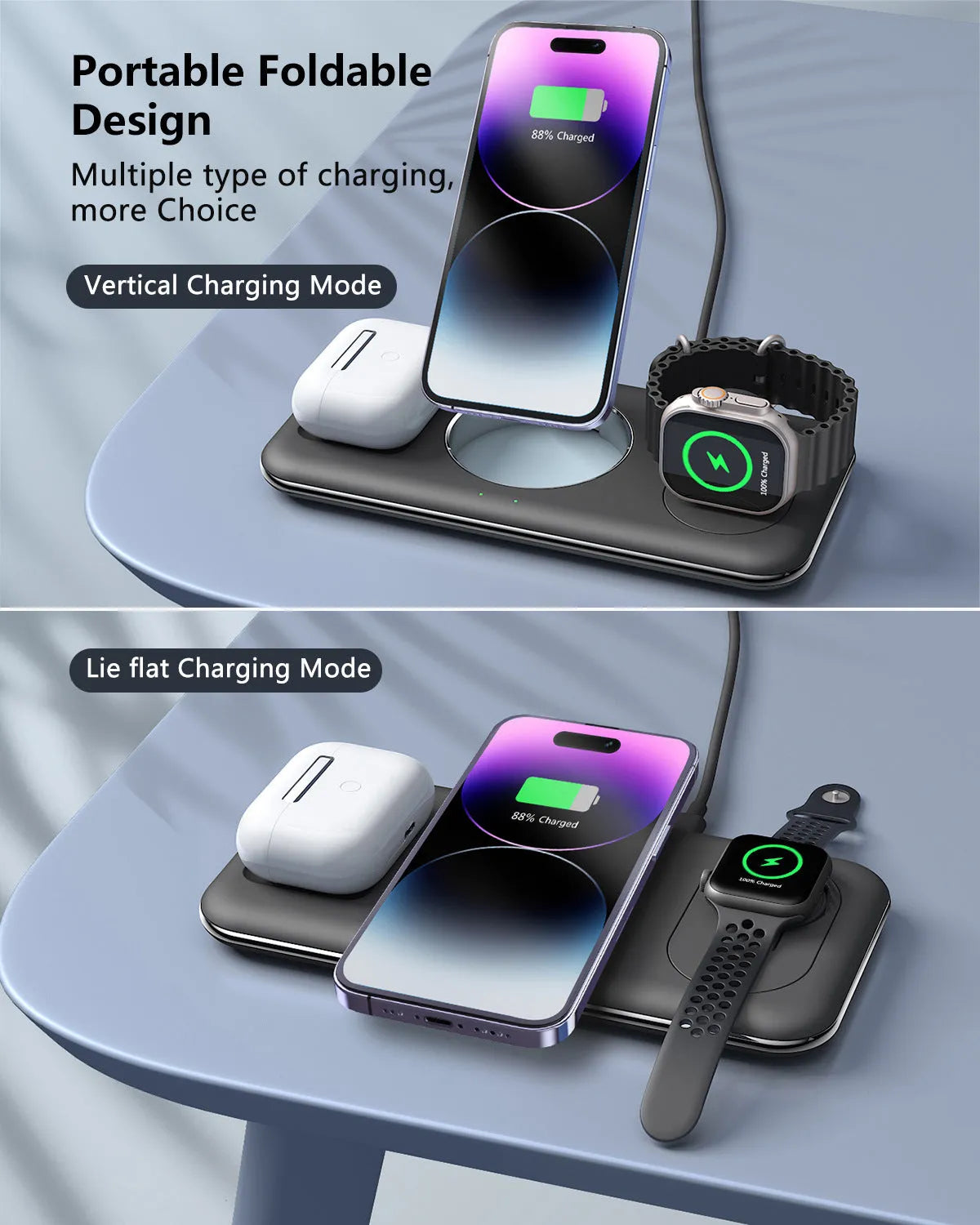 Folding magnetic wireless charger desktop bracket in white with Type-C cable for phone, headphones, and watch