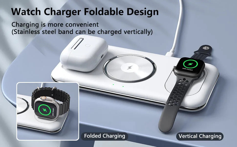 Folding magnetic wireless charger desktop bracket in white with Type-C cable for phone, headphones, and watch