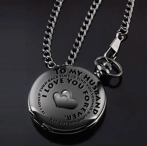 Retro black silver steampunk quartz pocket watch with stainless steel chain 30 cm on black background