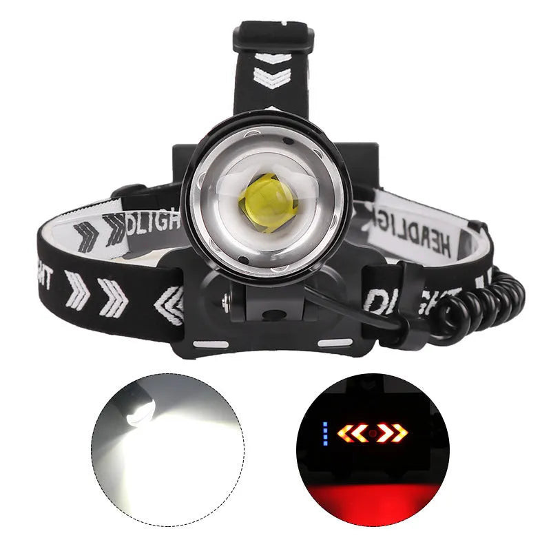 Black aluminium alloy USB charging head torch with telescopic zoom lens and three lighting modes