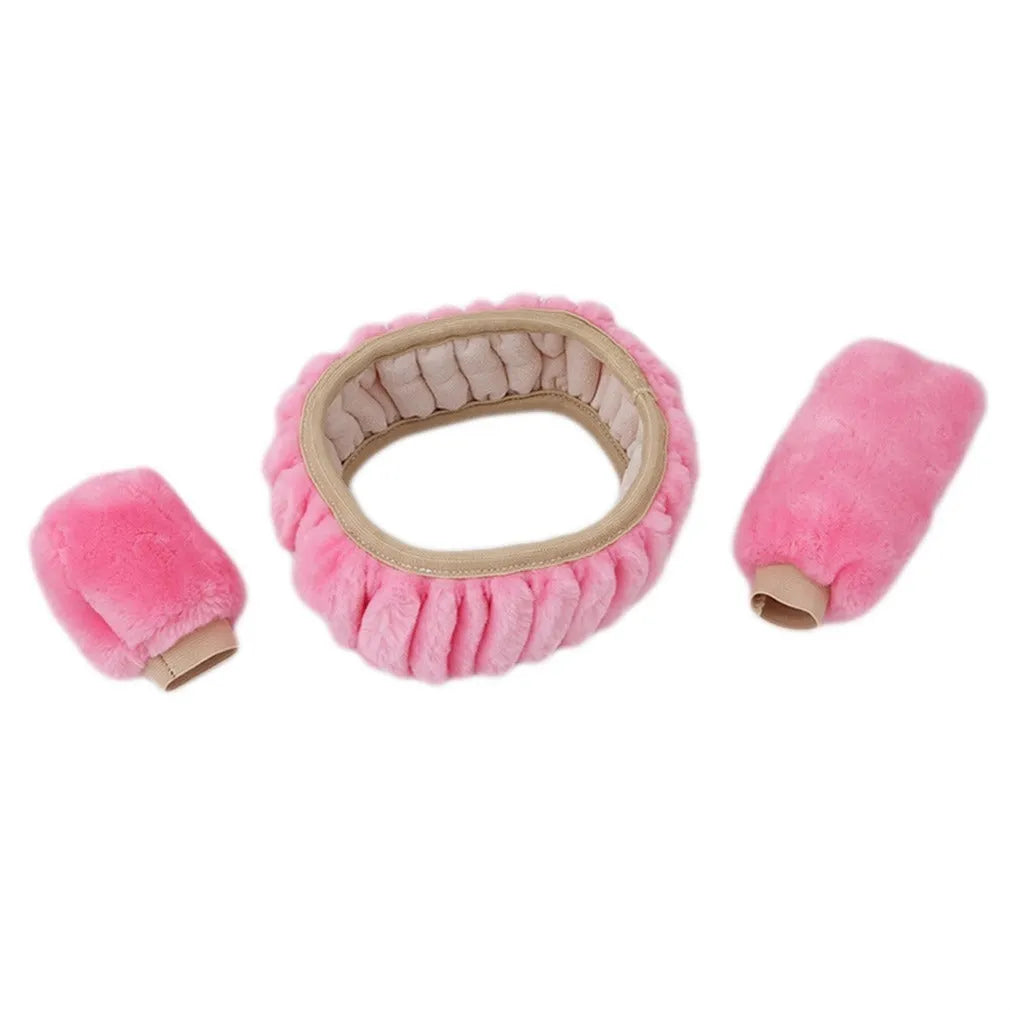 Plush car steering wheel cover set with matching gear shift and handbrake covers in multiple colour options