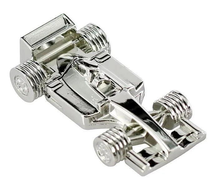Silver plastic hand-made car model USB flash drive with push pull mechanism on white background