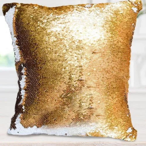 Gold custom photo sequins throw pillowcase 40cm by 40cm handmade personalised gift with reversible sequin design