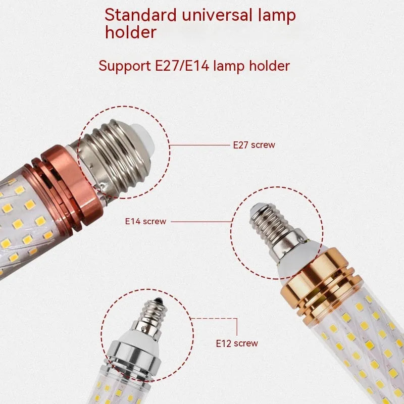 E14 screw cap LED corn light bulb with 60 beads, showing tricolour light options: warm, neutral, and white.