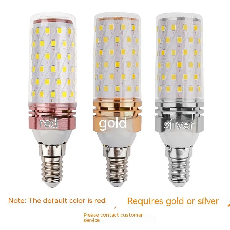 E14 screw cap LED corn light bulb with 60 beads, showing tricolour light options: warm, neutral, and white.