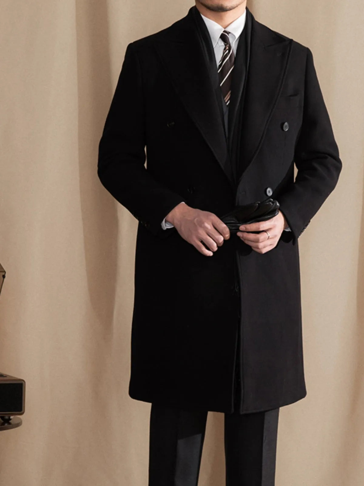 Men's mid-length double-breasted thermal jacket in black with suit collar and sanding finish