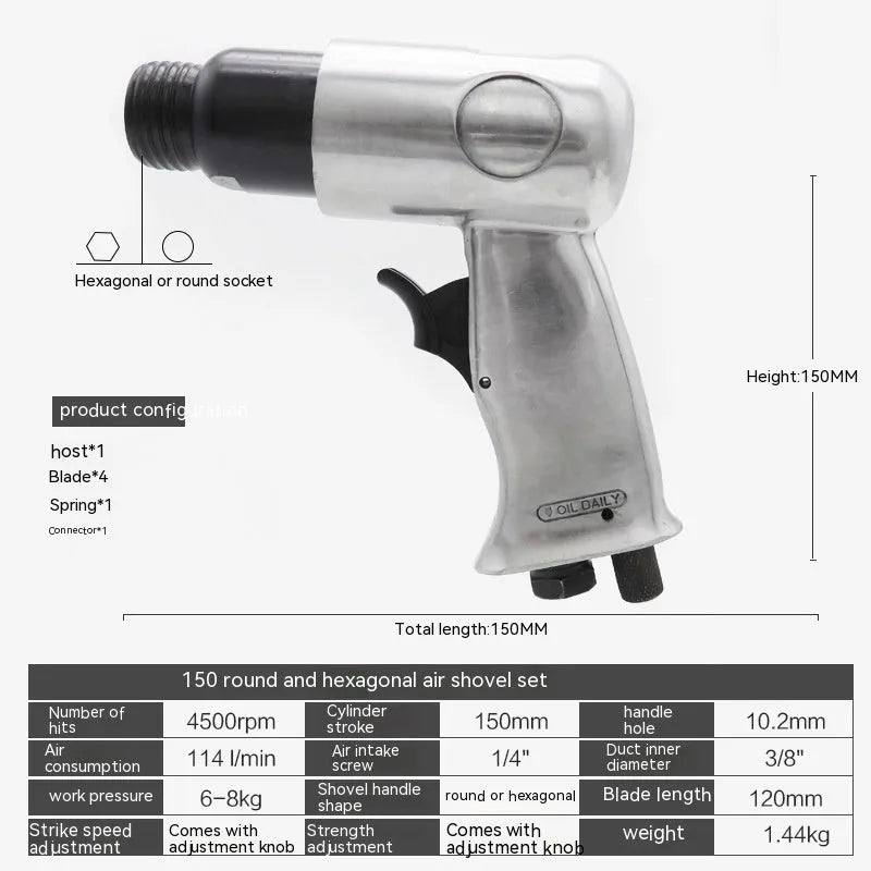 Air hammer tool with hexagonal and round handles for pneumatic rock drilling and industrial repairs