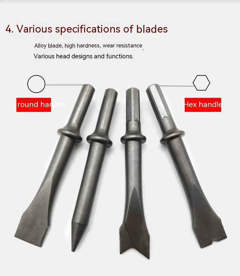 Air hammer tool with hexagonal and round handles for pneumatic rock drilling and industrial repairs