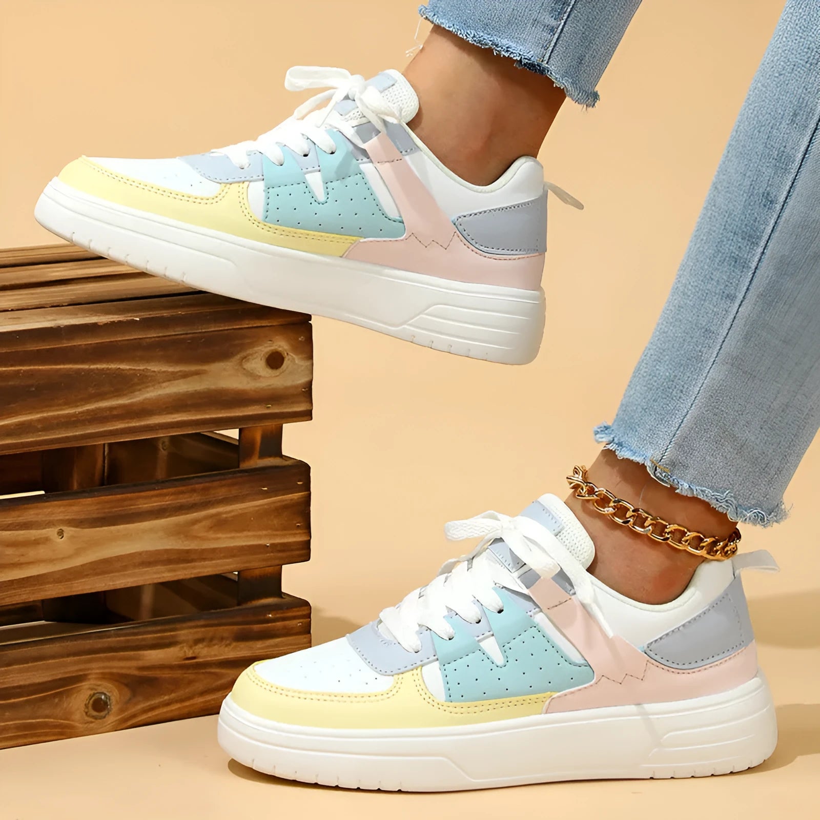 Trendy platform sneakers in white and yellow with breathable mesh upper, lace-up closure, and mid heel sole