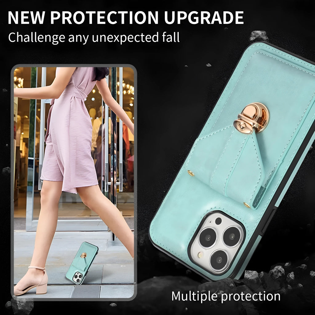 Black PU card holder phone case with cross-body lanyard for Samsung S20