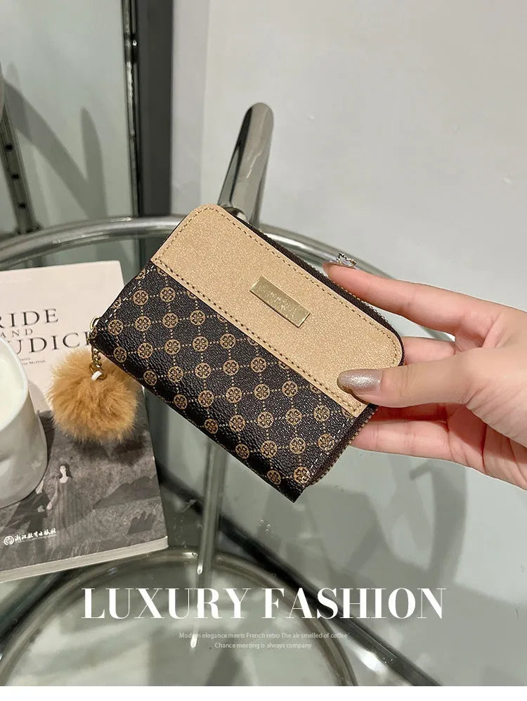 Women's short printing colour contrast Korean style PU leather wallet with coin pocket in black