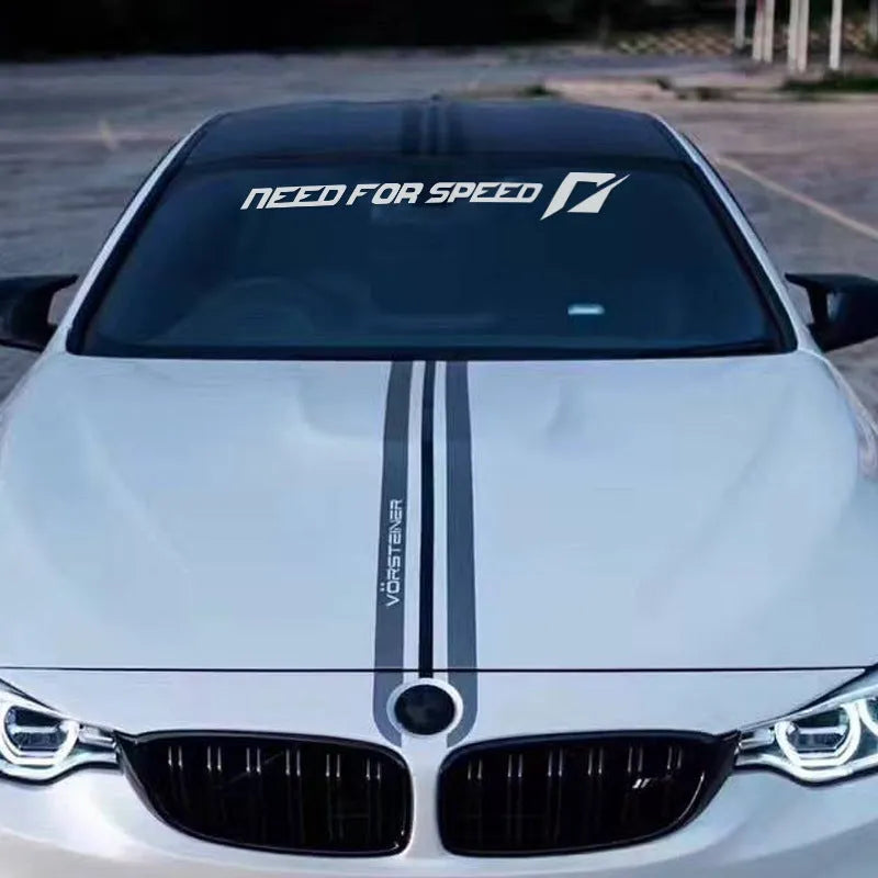 Need For Speed themed car sticker for windscreen application in white, rose, or silver.