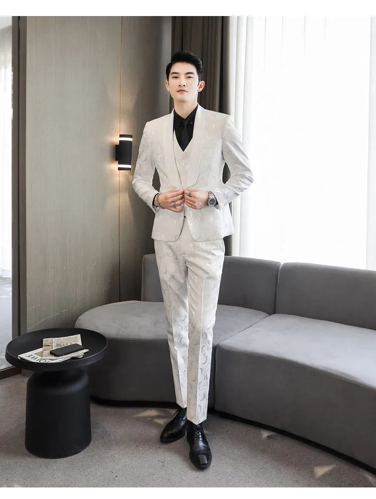 Men's wedding embossed three-piece suit in cotton blend with slim fit, white colour option