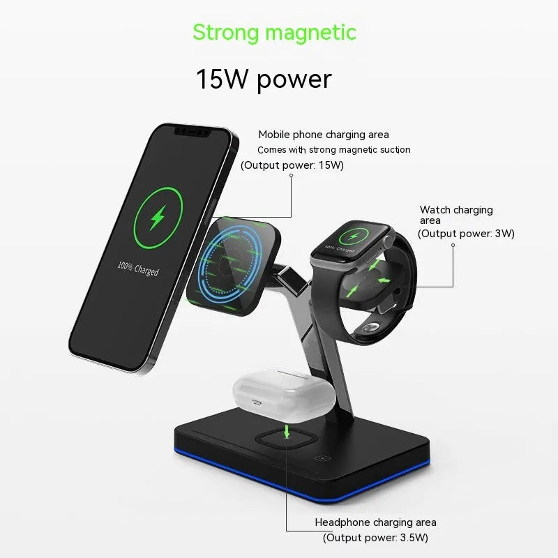 Three-in-one wireless charging vertical magnetic bracket in black or white with TYPE-C interface