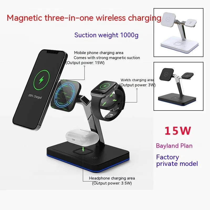 Three-in-one wireless charging vertical magnetic bracket in black or white with TYPE-C interface