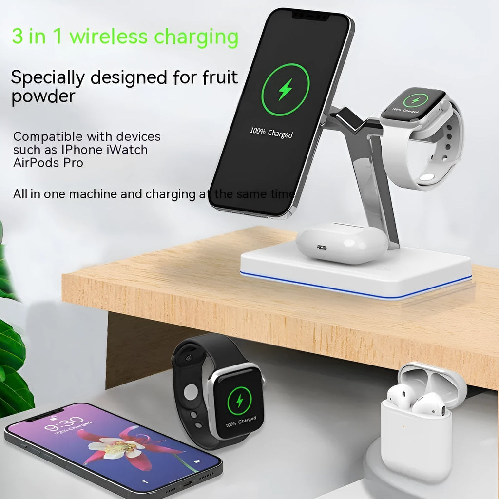 Three-in-one wireless charging vertical magnetic bracket in black or white with TYPE-C interface