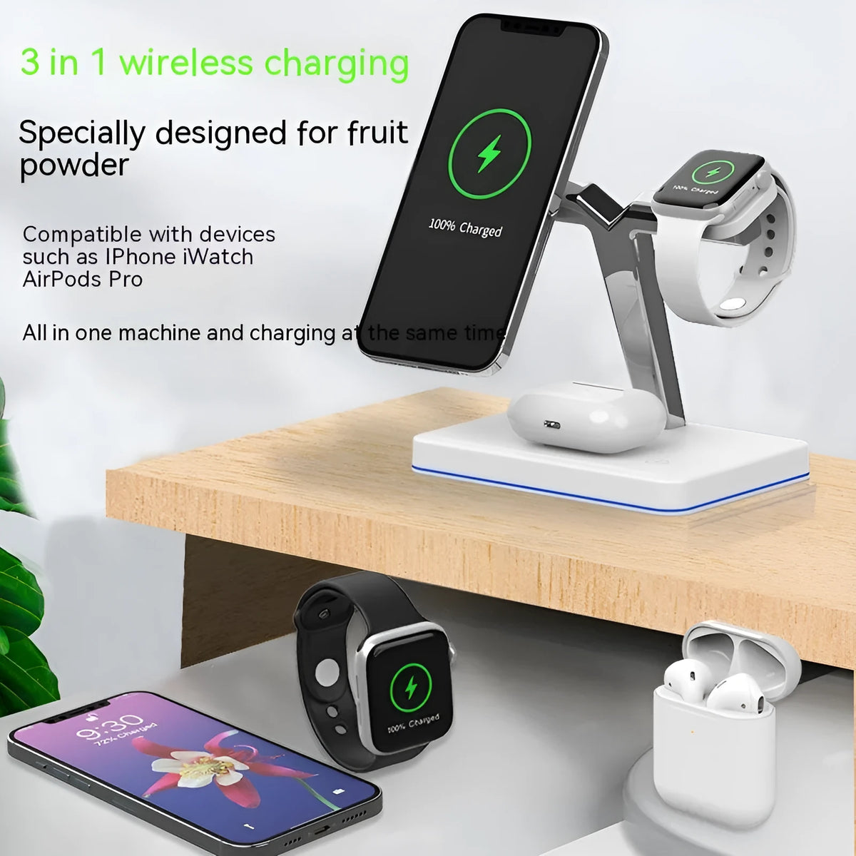Three-in-one wireless charging vertical magnetic bracket in black or white with TYPE-C interface