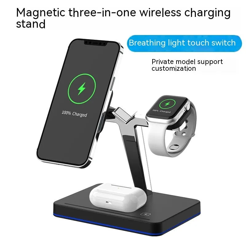 Three-in-one wireless charging vertical magnetic bracket in black or white with TYPE-C interface