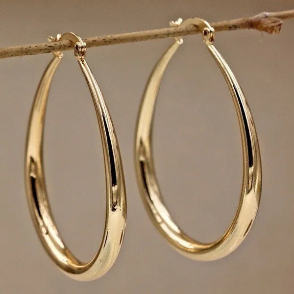 Geometric oval earrings for women, gold electroplated metal with alloy inlaid artificial gems