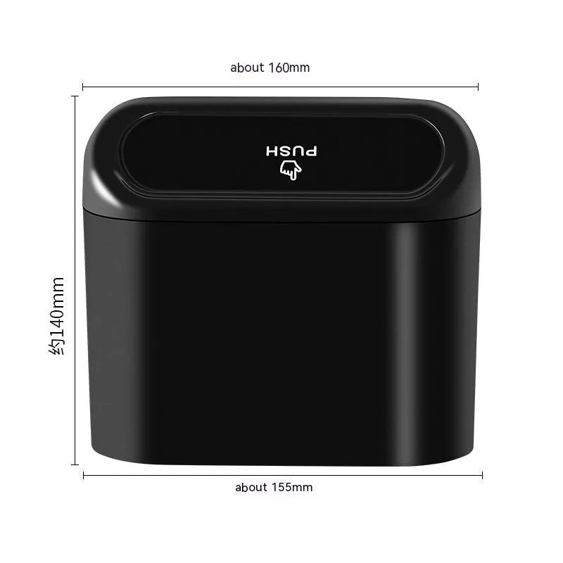 Black folding car trash bin with waterproof plastic construction for vehicle seat mounting