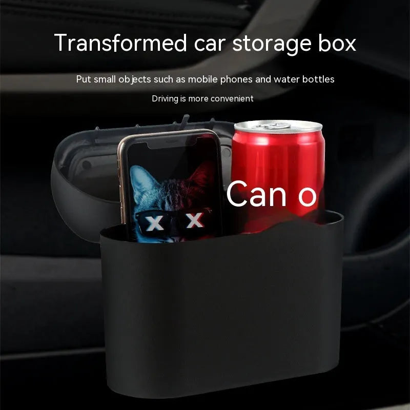 Black folding car trash bin with waterproof plastic construction for vehicle seat mounting