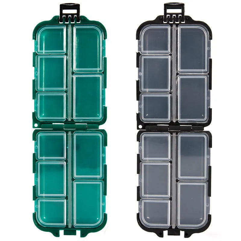 Small plastic fishing tackle storage box with 10 compartments in black, blue, or green