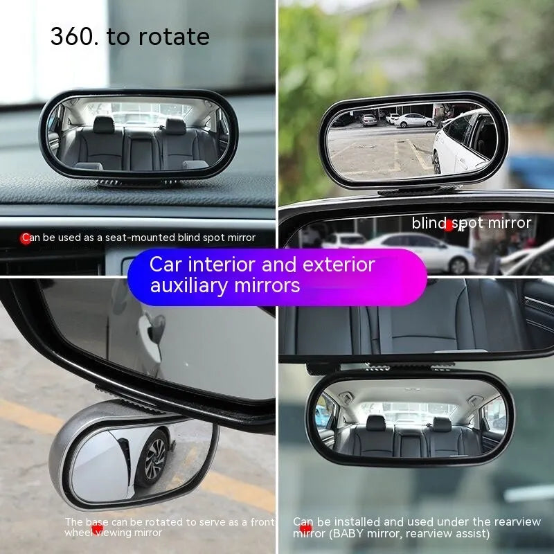 Black 360-degree rotation car rearview mirror with ABS shell showing adjustable positioning