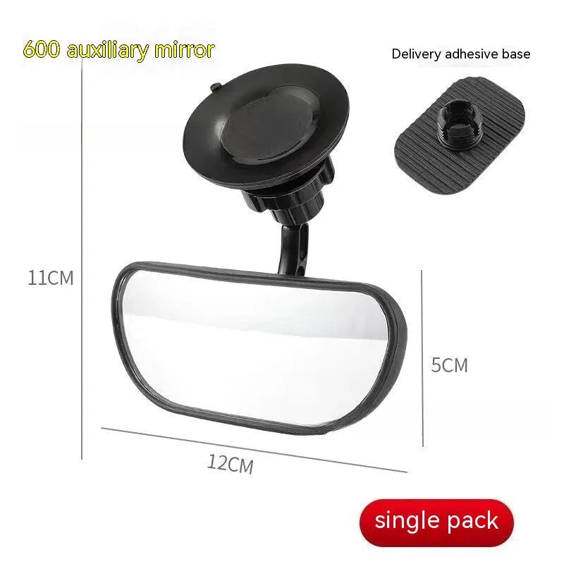 Black 360-degree rotation car rearview mirror with ABS shell showing adjustable positioning