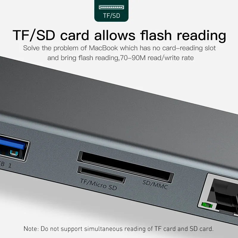 Grey aluminium alloy USB C docking station with ten ports and an integrated cooling bracket.