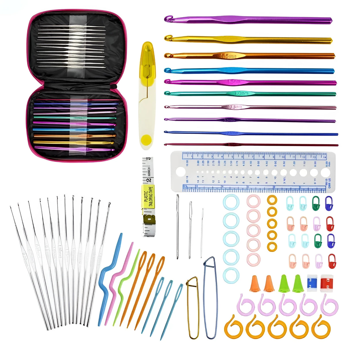 Stainless steel crochet hook set with 24 sizes from 0.6mm to 8.0mm, single colour, for wool crochet and knitting