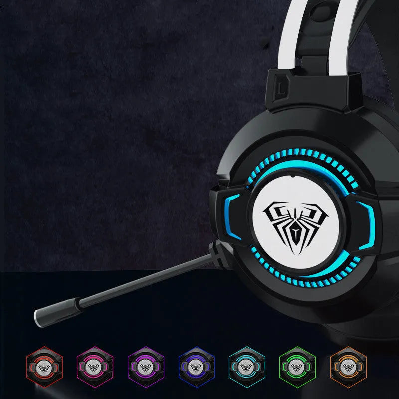 Black S602 gaming headset with colourful breathing light on ear cups, detachable microphone, and padded headband